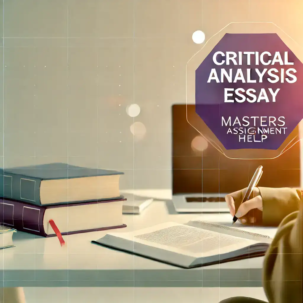 Student writing a critical analysis essay at a desk with books, a laptop, and notes, representing academic success and guidance from MastersAssignmentHelp.io.